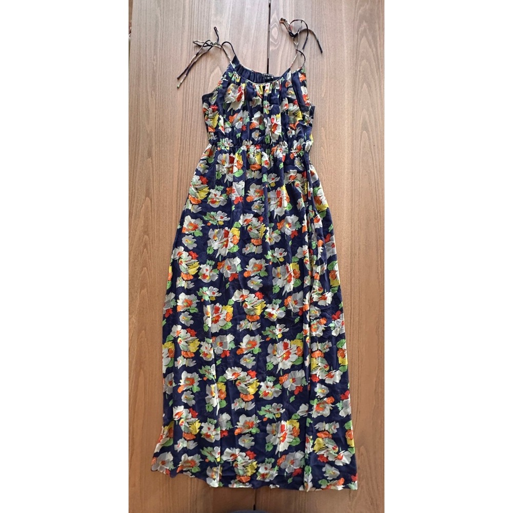Theory Navy Floral Silk Maxi Dress Tie Strap Elastic Waist Size M